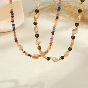 Bohemian colorful bead starfish necklace set with ocean style shells and gold accents