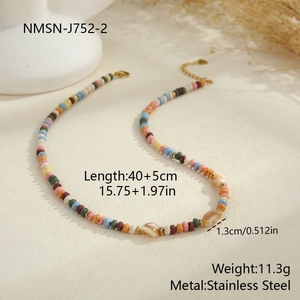 Detail of colorful beaded necklace with shell charms and stainless steel clasp size info