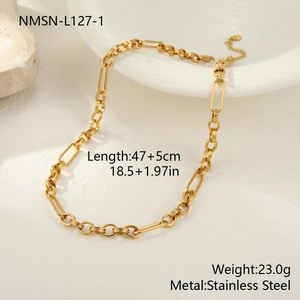 Close-up of gold stainless steel chunky chain necklace with detailed size and weight specs