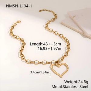 Detail showing gold heart pendant necklace size 43cm plus 5cm and stainless steel texture