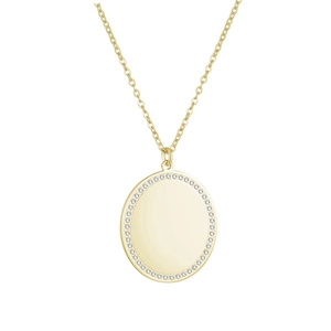 Collar de acero dorado con colgante ovalado de circonitas y centro grabable para mujer