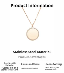 Detail showing rose gold stainless steel round necklace with cubic zirconia pave stones