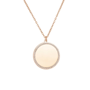 Rose gold round zircon necklace with engravable disc pendant on minimalist chain