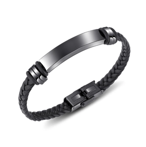 Bracciale da uomo in pelle nera intrecciata con placca in acciaio inossidabile lucido