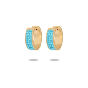 18K gold plated titanium hoop earrings featuring triple rows of light blue crystals
