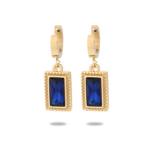 Détails des boucles d'oreilles créoles en or 18K avec zircon bleu rectangulaire et perles