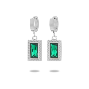 Boucles d'oreilles créoles en acier inoxydable argenté 18K avec pendentif émeraude