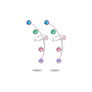 S-curve 18K silver stainless steel ear clips featuring five vibrant colored zircons