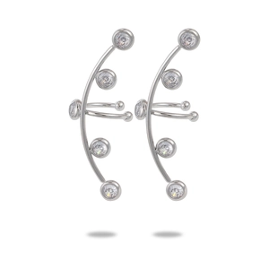 Silver curved ear cuff earrings with five round-cut zircons and clip-on design