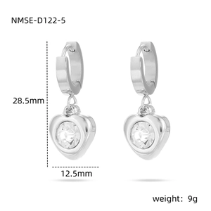 Pendientes de corazón en acero plateado con cristal central, tamaño 28,5x12,5 mm, 9g