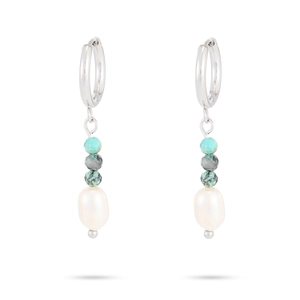 Natural turquoise and pearl drop earrings in stainless steel with silver hoops