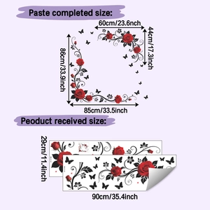 Detailed size chart for red rose and black butterfly wall sticker showing 29x90cm sheet