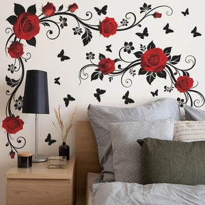Red Rose Black Vine Wall Sticker With Butterflies Removable PVC Decorative Floral Wall Decal For Bedroom Living Room Decor