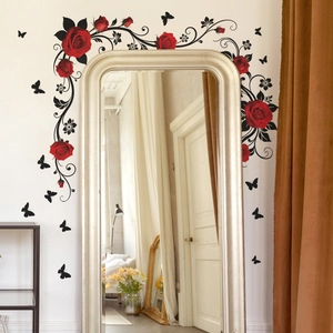 Self-adhesive red rose wall stickers with black vines for home living room decoration