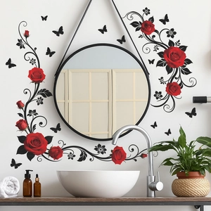 Red flower and black vine wall stickers with butterflies for bathroom mirror decor