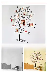 Detail of DIY tree photo frame wall sticker with red hearts and black butterfly accents