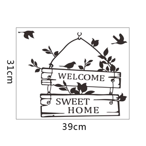Detail showing 39x31cm dimensions of the black Welcome Sweet Home wall decal