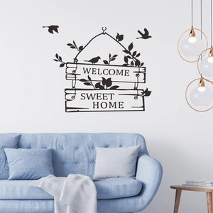 Modern living room wall stickers with Welcome Sweet Home bird and leaf motifs