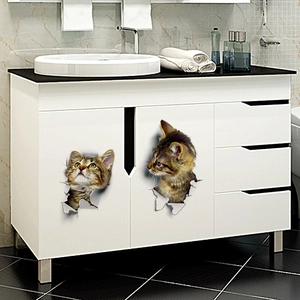 3D realistic brown tabby cat wall stickers showing creative cat decals on white cabinet