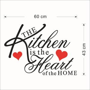 Adesivo murale The Kitchen is the Heart of the Home con testo nero e cuori rossi