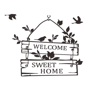Black welcome sweet home wall sticker with silhouettes of birds and leafy vines decor