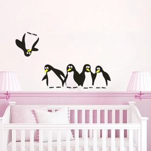 Minimalist penguin wall stickers for nursery decor featuring five cute cartoon animals