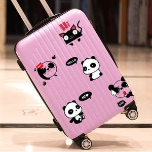 Pink suitcase with cute cartoon cat stickers and 360-degree wheels for travel