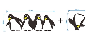 Detailed dimension guide for self-adhesive penguin wall stickers showing 44x16cm layout