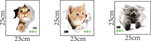 Close-up detail of three 3D realistic cat wall decals with specific 25x23cm size dimensions