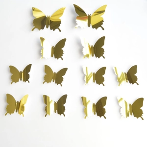 Set of 12 gold 3D mirror butterfly wall stickers with reflective finish for home decor