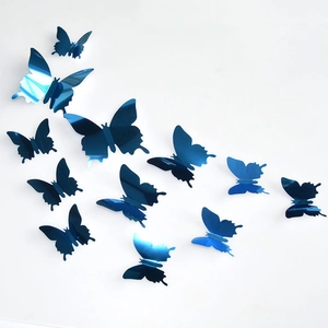 Set of 12 royal blue 3D mirror butterfly wall stickers with reflective PET finish