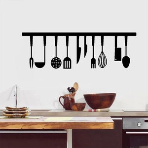 DIY black PVC kitchen tool wall stickers featuring silhouette cutlery and utensil designs