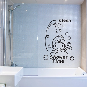 Adesivo murale con ragazza che fa il bagno per decorazione bagno con testo Shower Time