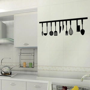 DIY black PVC kitchen utensil wall stickers with spatulas and knives for home decoration