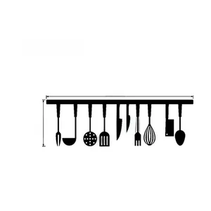 Detail of kitchen utensil wall decals with dimensions showing 57cm x 18cm black PVC design
