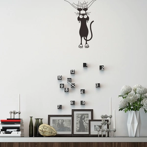 Horloge murale créative DIY avec stickers chat de dessin animé et chiffres carrés
