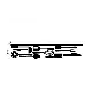 Detail view of 12 black kitchen utensil wall stickers with dimensions 57 cm by 12 cm