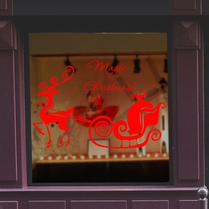 Adesivo renna e slitta Magic Christmas per decorazione vetrina natalizia in rosso