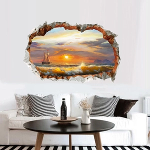 3D beach sunset wall decal showing a sailboat and waves with a creative cracked wall effect