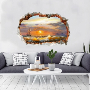 Detail view of 3D cracked wall decal featuring a sunset ocean beach and sailing boat scene