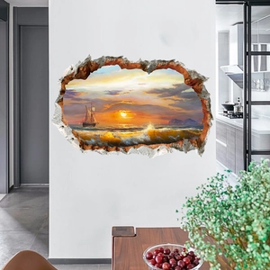 3D ocean sunset wall sticker with sailing boat and broken wall effect for home decor