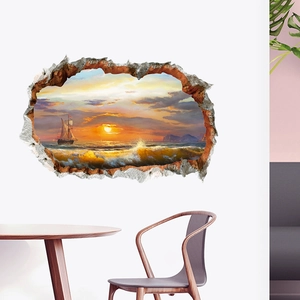 Detail view of 3D cracked wall sticker with sunset beach and sailing boat landscape