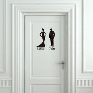 Creative black vinyl Ladies and Gents restroom door sign with silhouette design
