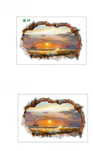 Detailed 3D wall sticker layout showing ocean beach scene and PVC material size specs