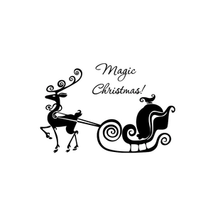 Dettaglio della decalcomania nera con renna e slitta e scritta Magic Christmas