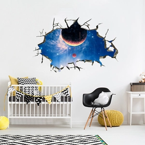 3D outer space wall decal with galaxy planet and broken wall effect for kid room decor