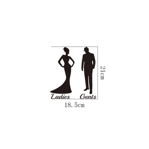 Detail view of Ladies and Gents restroom signage stickers measuring 21cm by 18.5cm