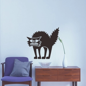 Detail view of scary black cat wall decal with jagged fur on a modern living room wall