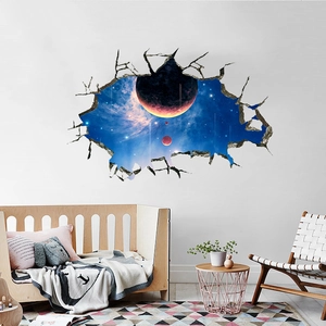 3D cracked wall decal showing deep blue outer space with a giant planet and moon detail
