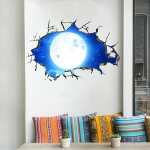 Detailed 3D broken wall decal showing a full moon and starry sky for ceiling decor